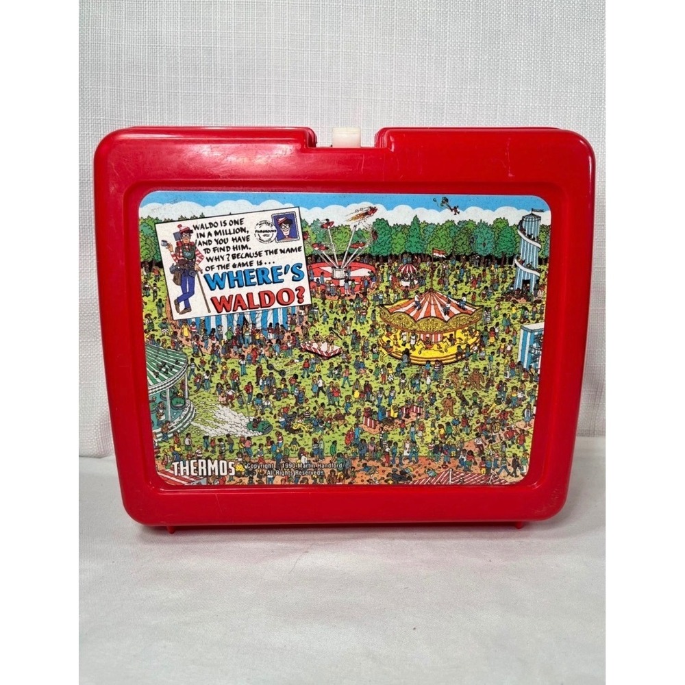 Vintage 1990 Wheres Waldo Thermos Red Plastic Lunch Box Collectible